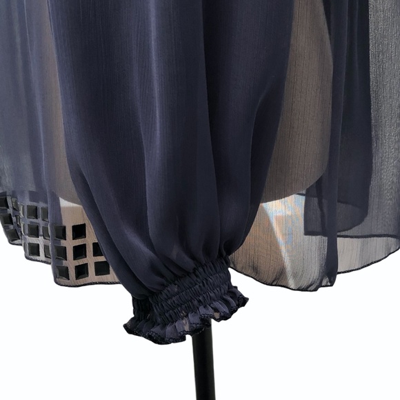 VIE TA VIE NAVY SALLY BLOUSE OFF-THE-SHOULDER SEMI SHEER TOP WITH SCARF/BELT - Picture 7 of 14